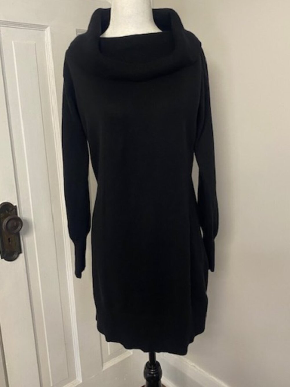 VTG Jacob Angora Cashmere Sweater Dress L Black Cowl neck Below Knee Long Sleeve